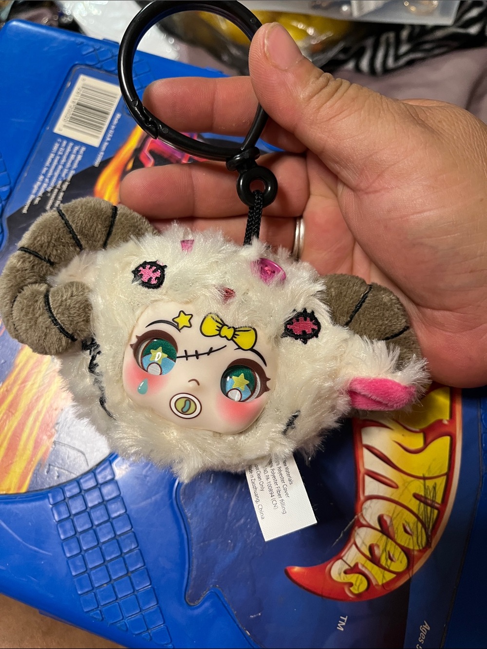 Plush Lamb Face Keychain Bag Charm in White with Pink Accents